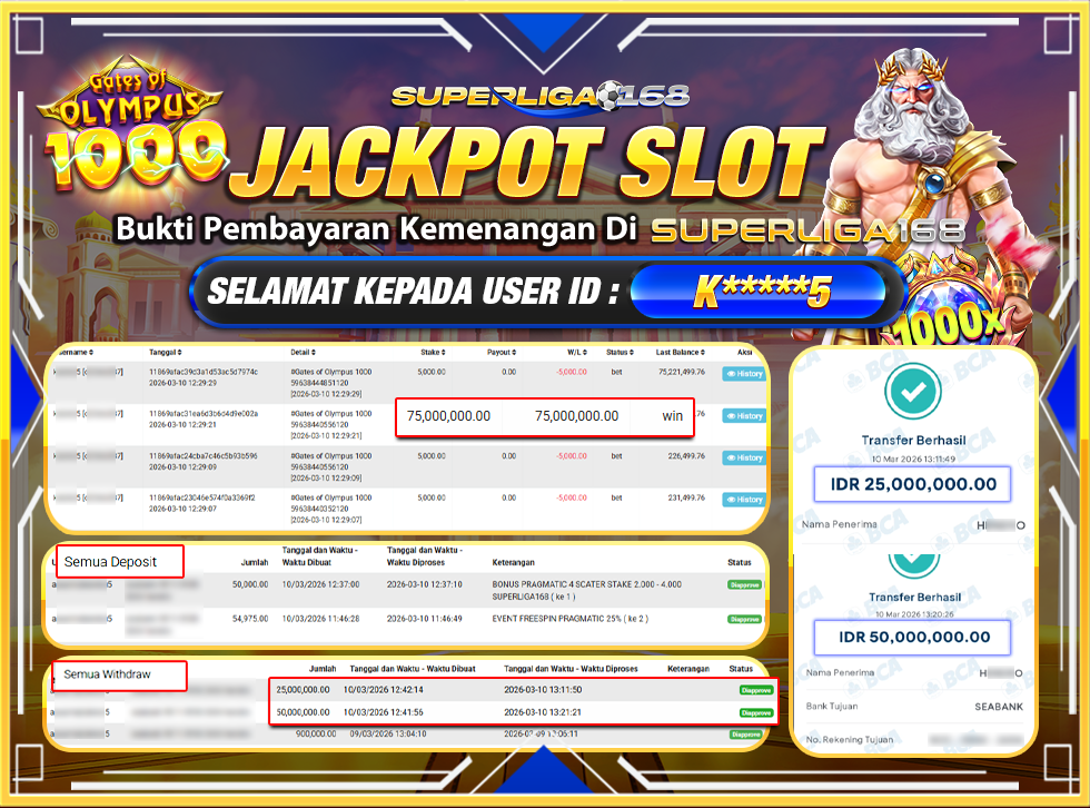 SUPERLIGA168 JACKPOT GATES OF OLYMPUS 1000 Rp.75,000,000LUNASSS